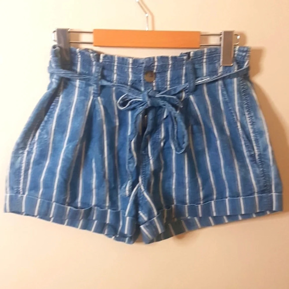 American Eagle striped paper bag waisted cuffed chambray shorts SZ 2 - Picture 2 of 8